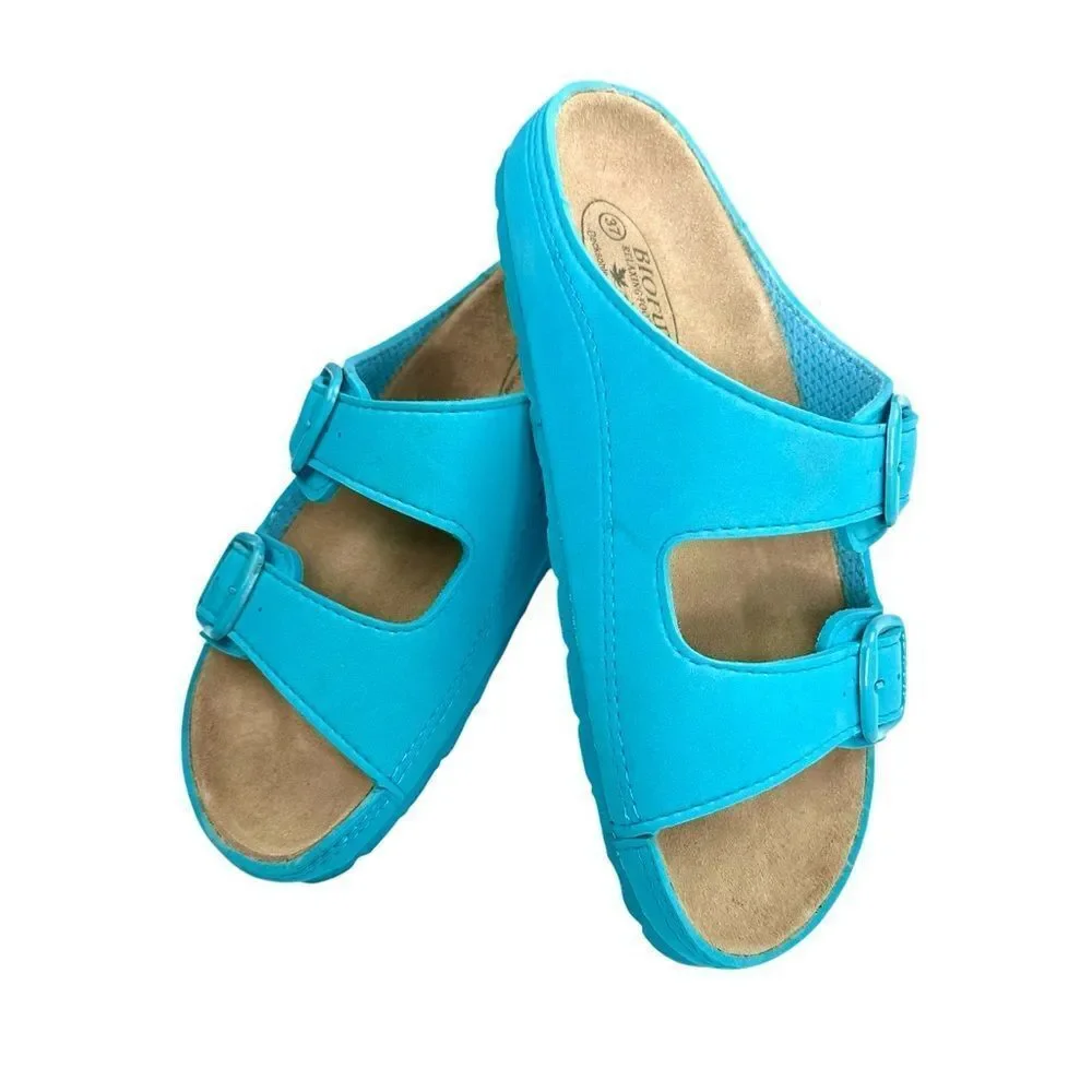 New Biofun Relaxing Footwear 2 Strap Turquoise Leather Sandals Women’s Size 6.5